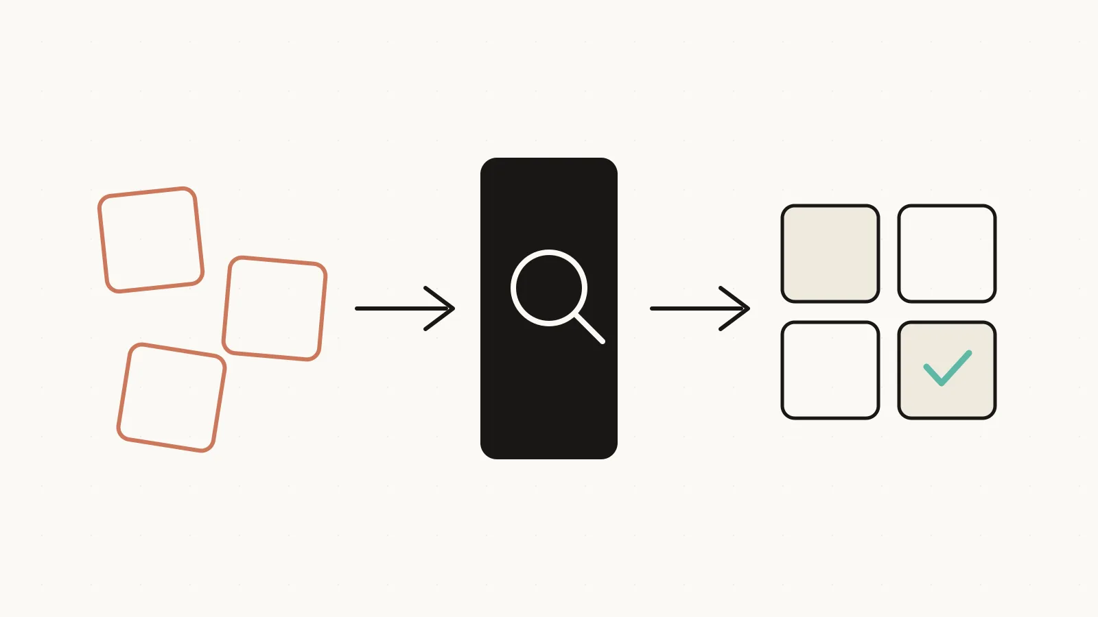 Illustration of coral code blocks passing through a dark review gate and emerging as ordered blocks with a teal check