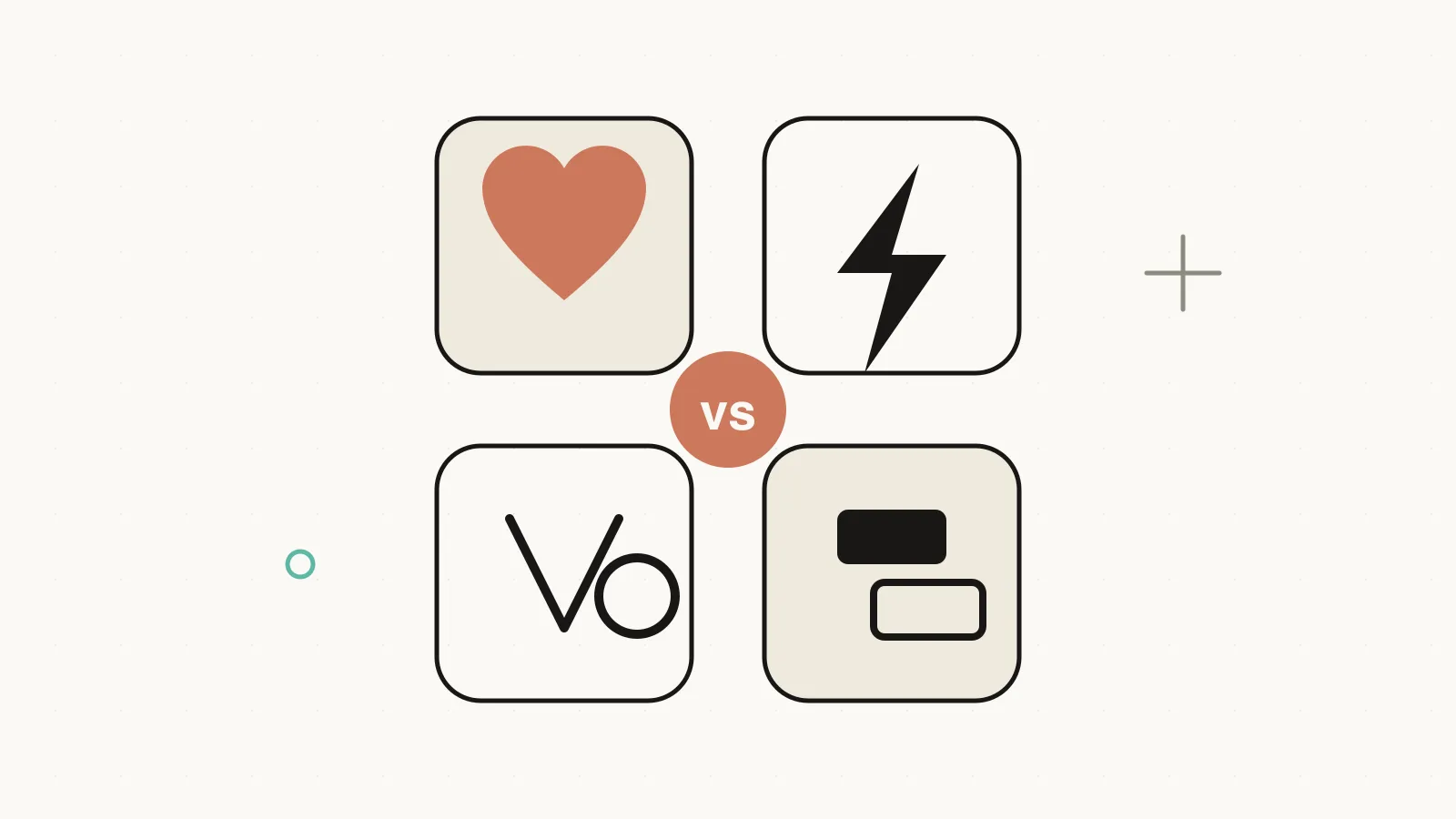 Illustration of four app-icon tiles arranged in a grid around a small vs badge