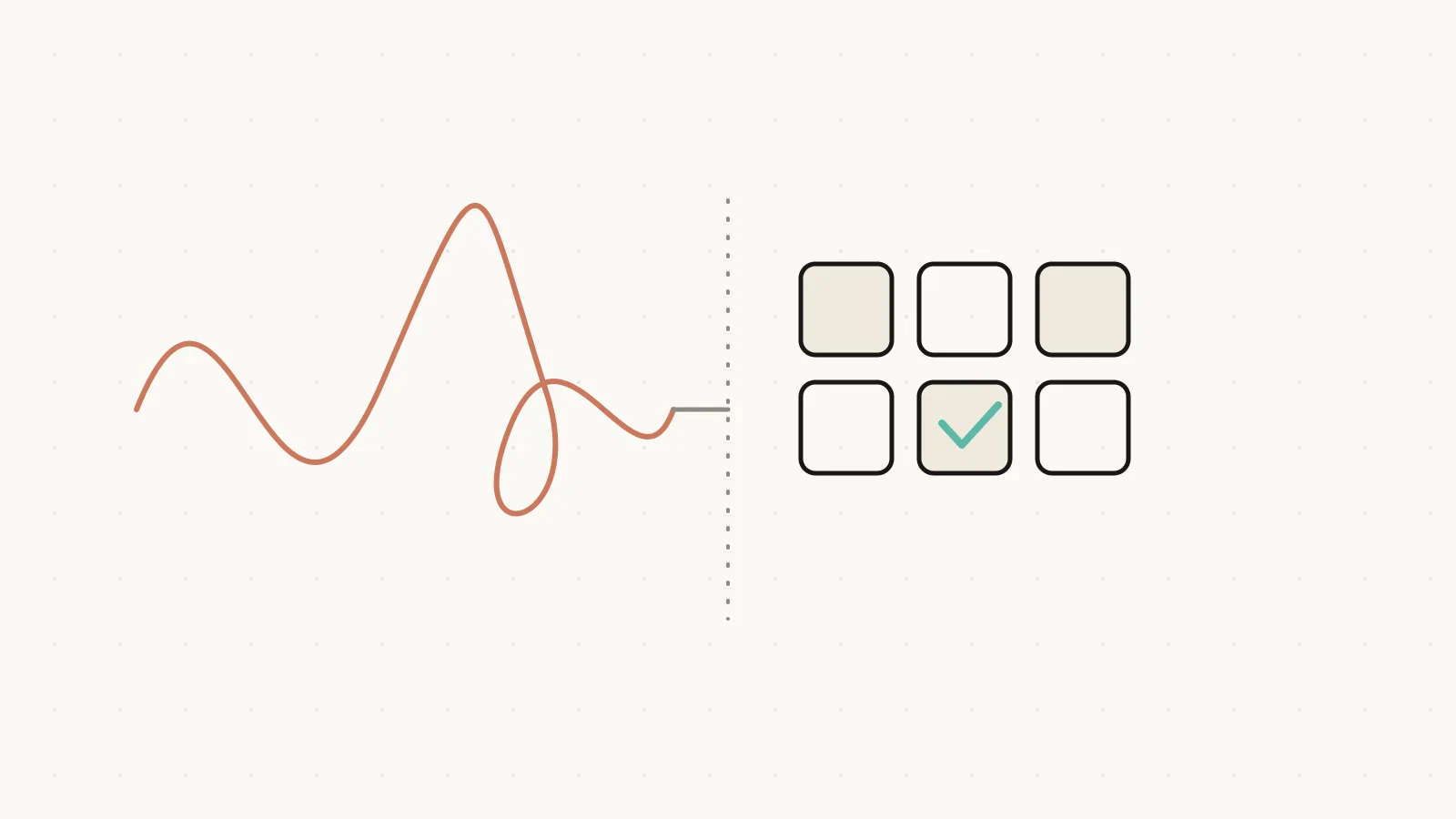 Split illustration: a tangled coral scribble resolving into an ordered grid of blocks
