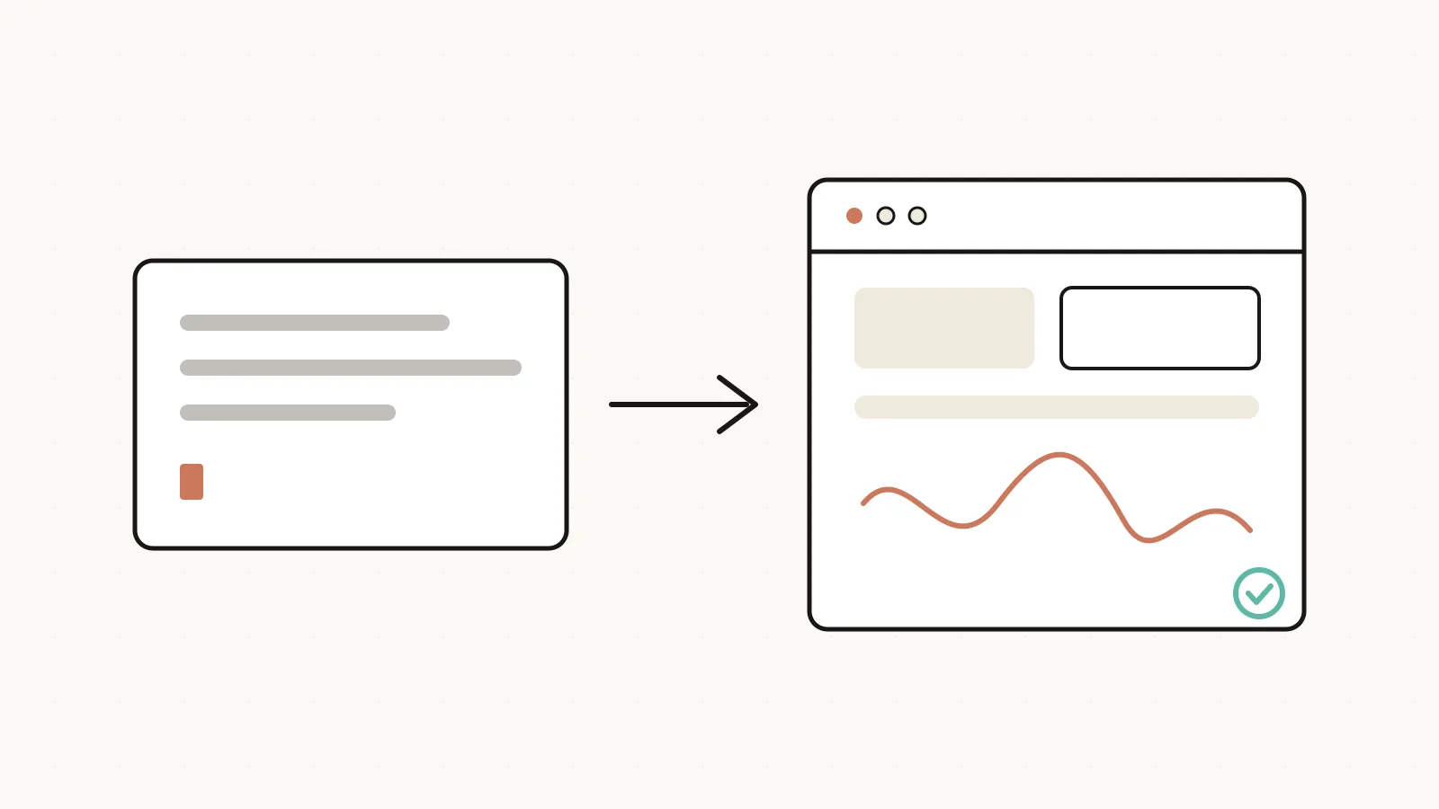 Illustration of a chat prompt turning into an app window that contains a coral scribble of unread code